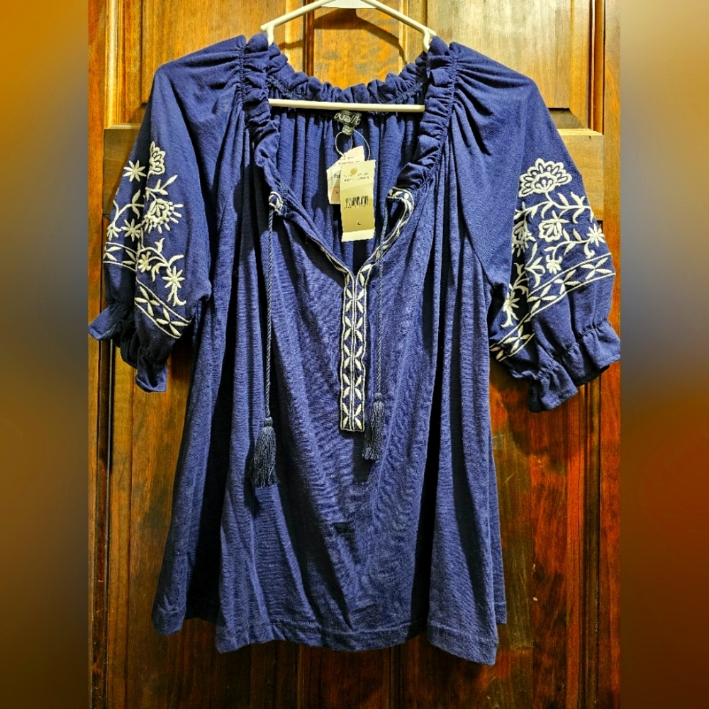 Large navy blue and with white embroidery boho top